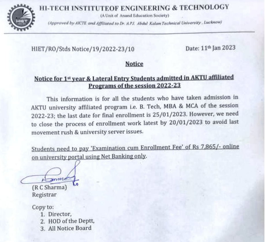 AKTU Enrollment Notice
