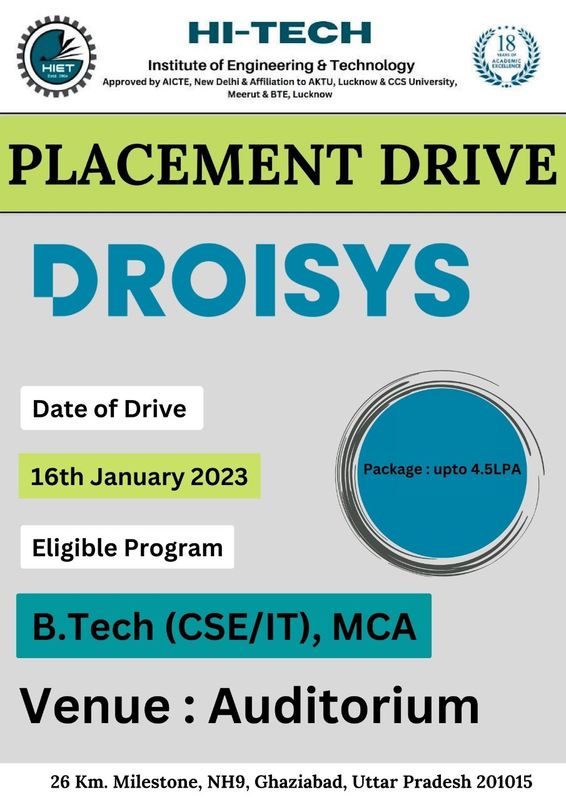 Placement Drive of Droisys for B.Tech CSE/IT, MCA, BCA