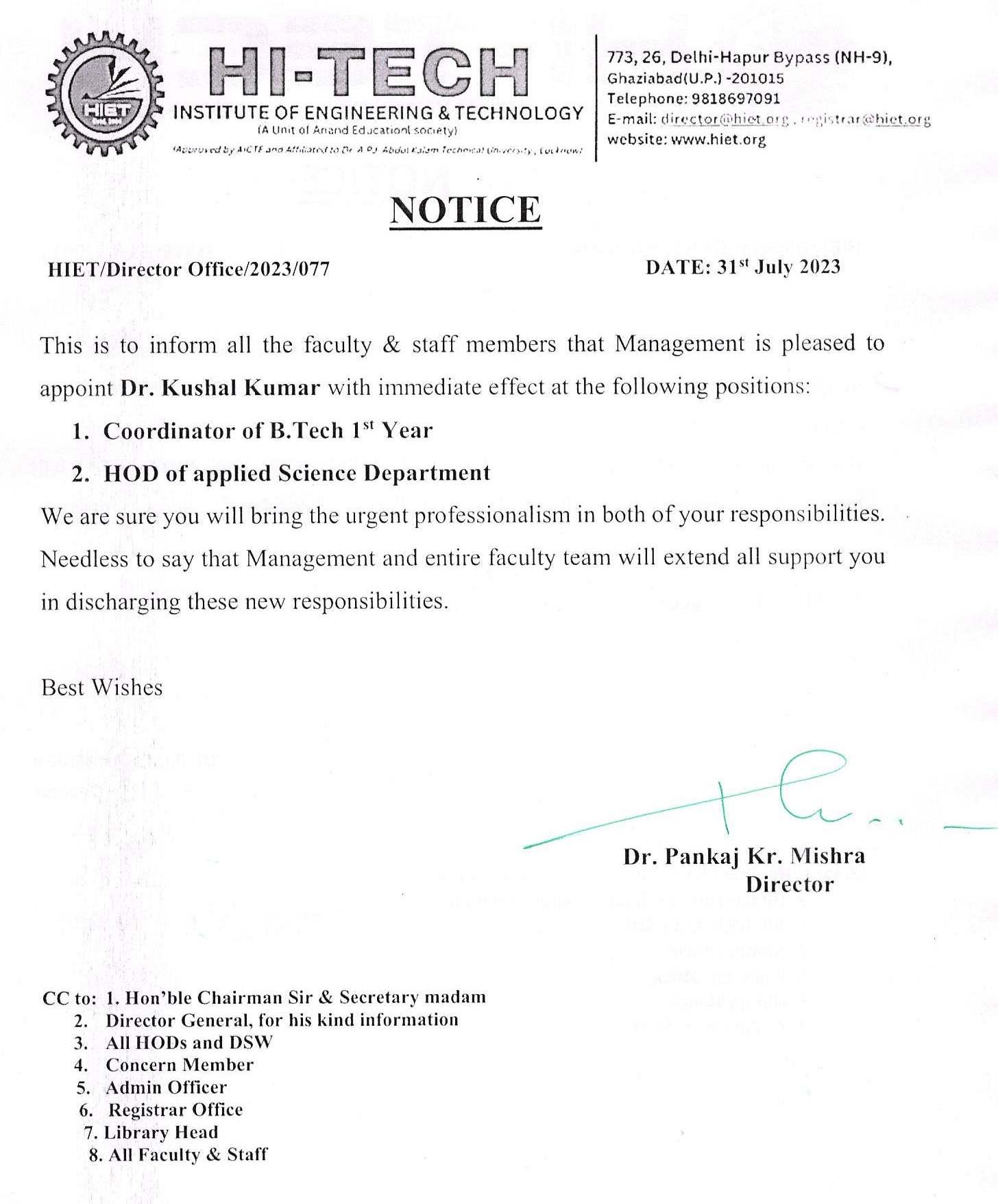 Dr. Kushal Kumar appointed HoD of Applied Sciences Department