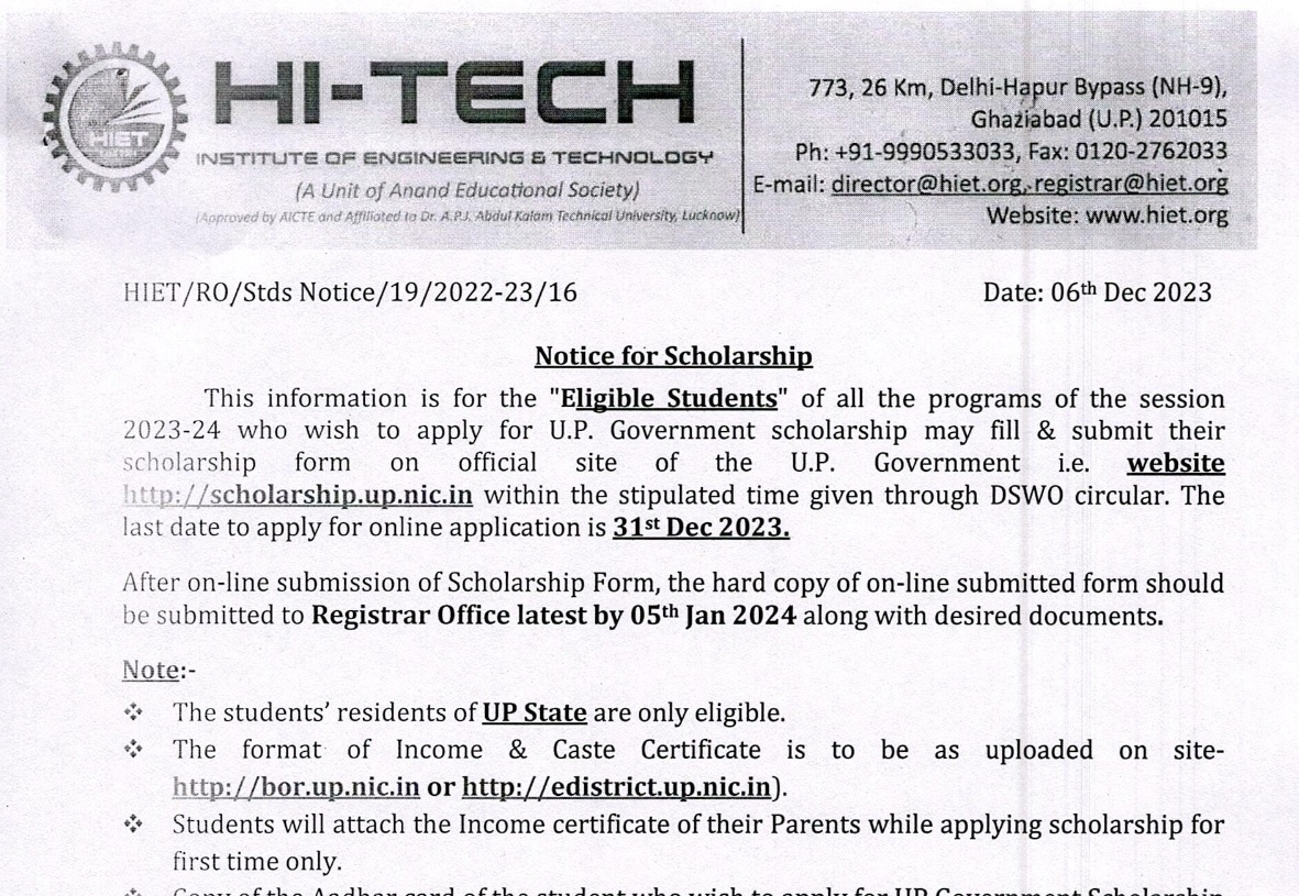 Notice for Scholarship 2023-24