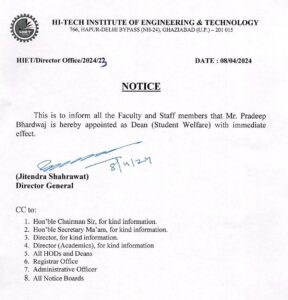 Mr. Pradeep Bhardwaj appointed Dean (Student Welfare)