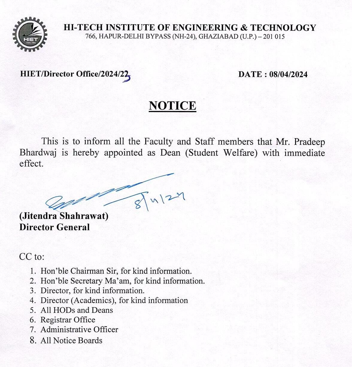 Mr. Pradeep Bhardwaj appointed Dean (Student Welfare)